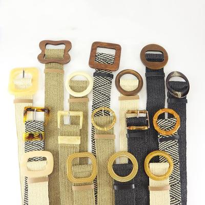 China New Design Bohemia Fashion Woven Lady Wide Stretch PP Straw Belt Woven Belt With Wooden Buckle for sale