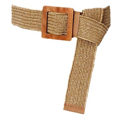 China New Fashion Bohemia Wholesale Wide Stretch Woven PP Straw Woven Wooden Buckle Belt for sale