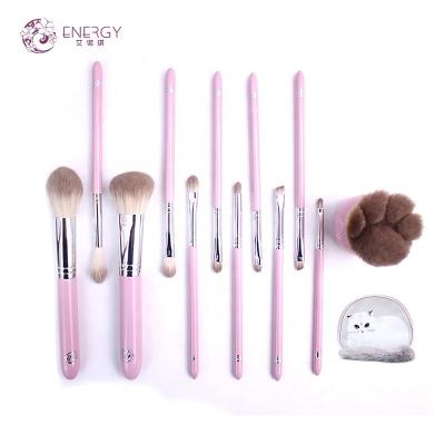 China Cute Pink Cat Paw Design with ENERGY 12pcs Cat Paw Makeup Brush Set Portable Cat Tail with Base Brush and Fashion Cosmetic Bag for sale