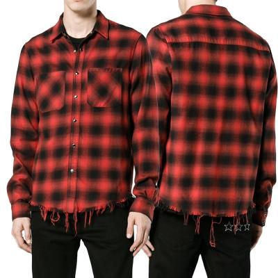 China Casual Stylish Mens Breathable Red Plaid Cotton Flannel Full Sleeve Custom Distressed Checked Shirts for sale