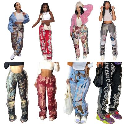 China Anti-pilling Autumn Fashion Elegant Women's Pants And Trousers Ruffles Pattern Floral Printing Casual Hoodie Cargo Pant Ladies Fringe Women Trousers for sale