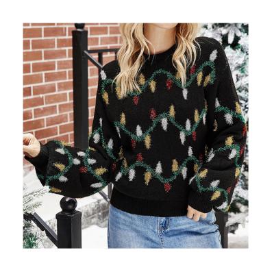 China Anti-Wrinkle Fashion Soft Color Lights Knitted Lantern Jacquard Sweaters Loose Christmas Pullover Women's Ladies Sweater for sale