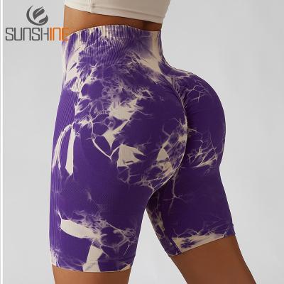 China Outdoor Breathable Summer Plus Size Sports Fitness Tie Dye Shorts Women High Waist Tummy Control Custom Printed Yoga Shorts for sale