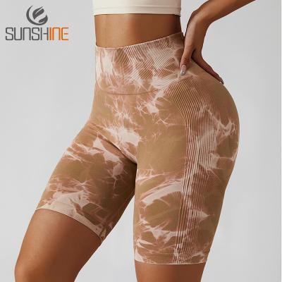 China Breathable Wholesale Ladies Girls Yoga Wear High Waisted Butt Tie Dye Yoga Crac! crack! pants biker shorts for sale