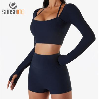 China New Best Selling Fitness Gym Sportswear Shirts Crop Top Breathable Stretchy Tight Fit Hole Thumb Long Sleeve for sale