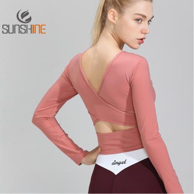 China Breathable OEM Custom Design Yoga Crop Top Gym Clothing Premium Womens Workout Tank Top Compression Fitness Long Sleeve T-Shirt for sale