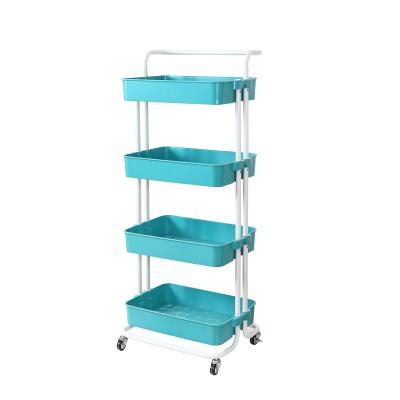 China Modern Hot Products Blue 4 Tier Easy To Move Plastic Storage Cart Storage Shelf With Brake for sale