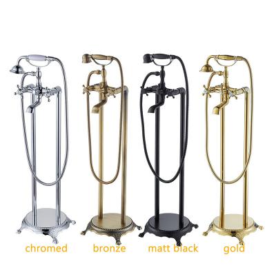 China Freestanding Slide Bar Classic Bathtub Faucet Floor Mount Double Handle Bathroom Mixer Tap High Flow Copper Brass Spout for sale