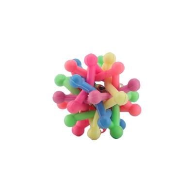 China DIY Educational Toys Wholesale Led Lightweight Colorful Woven TPR Pet Ball Toy With Bells Dog Sound Keychain for sale