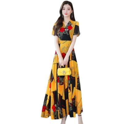 China 2022 summer new anti-static ice silk print dress, waist-slimming temperament swing dress for sale