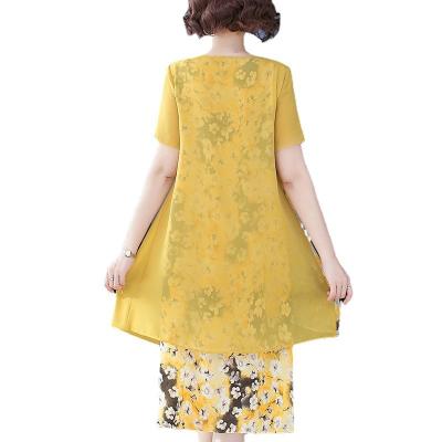 China New fashion anti-static floral temperament short-sleeved faux two-piece loose mother-of-age chiffon mid-length dress reduction for sale