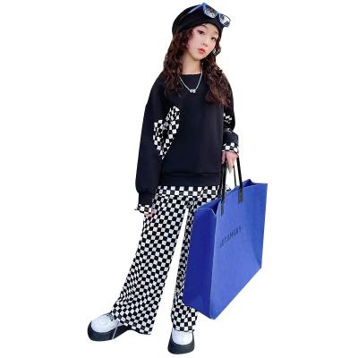 China New polyester/cotton spring middle and straight two-piece sweater older Korean plaid love children pants for sale