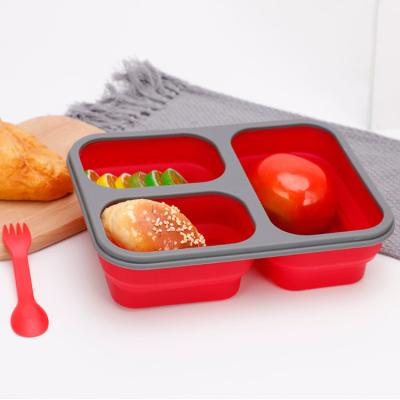 China 2021 Collapsible Collapsible Silicone Food Storage Containers 3 Compartment Lunch Bento Box Bpa Free For Camping and Hiking for sale