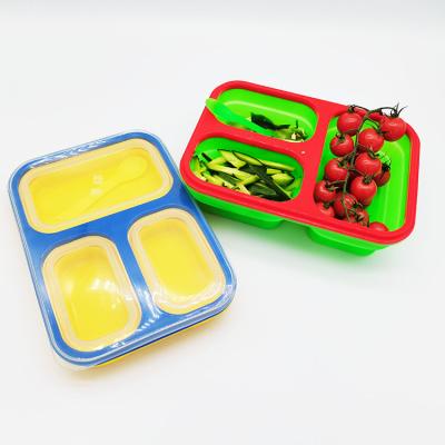 China Fresh Preservation Food Grade Collapsible Silicone Microwave Lunch Box Durable 3 Compartment Food Storage Container for sale