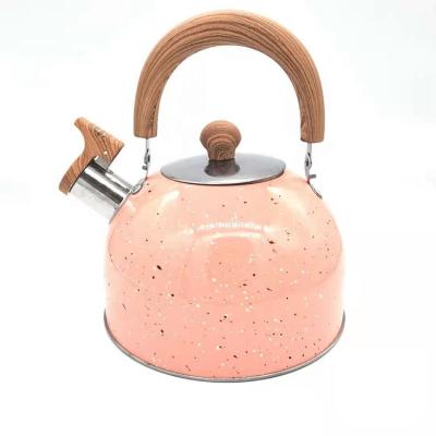 China Sustainable Promotional Gift 2L Orange Dots Stainless Steel Water Kettle Wood Handle Whistling Kettle for sale