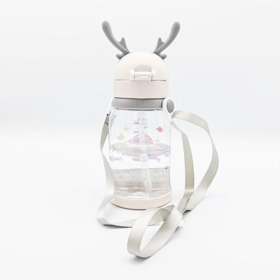 China Hot Selling Lovely Deer Horns Water Bottle Minimalist Cartoon Children Portable Plastic Water Cup With Silicone Straw for sale