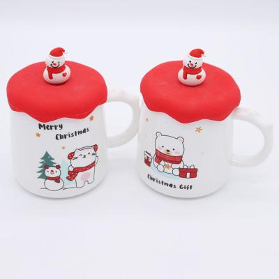 China High Quality Custom Viable Christmas Ceramic Mug Coffee Pattern Silicone Cover Red Milk Mug With Cute 3D Snowman Spoon for sale