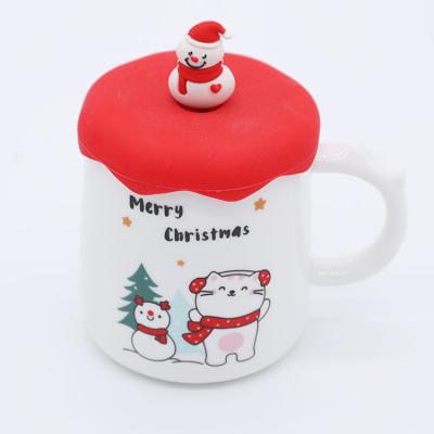 China Viable Unique Coffee Tea Mugs Creative Christmas Cute Ceramic Cup Pattern Cat Reusable Porcelain Cup With Cute 3D Snowman Spoon for sale