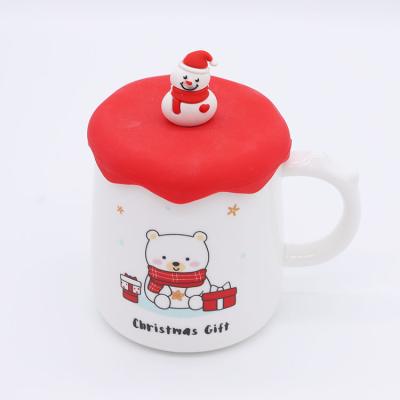 China Cute Viable White Bear Pattern Christmas Coffee Mug Silicone Cover Ceramic Red Porcelain Mug For Family Gifts for sale