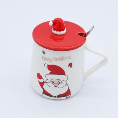 China New Christmas Mug Santa Pattern Viable Ceramic Porcelain Cup Reusable Coffee Mug With 3D Christmas Hat Lid And Spoon for sale