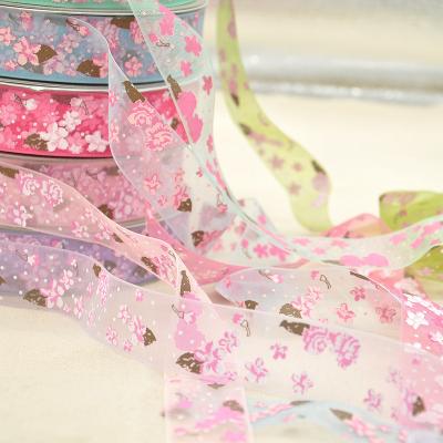 China 2022 Summer New Viable Snow Yarn Printing Ribbon Packaging Diy Hair Accessories Material Accessories Flower Printing Ribbon for sale