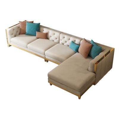 China Beige Doorgenaaid Chesterfield Sofa Genuine Leather Sofa Set met Messingsbasis Te koop