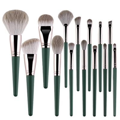 China Professional Series Cosmetic Detailing Brush 2022 Spot Full Brushes Green Wooden Handle Soft 14 Pieces Makeup Set Brush With Bag for sale