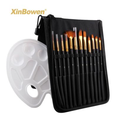 China Beauty Tools Factory Quality 12Pcs Nylon Hair Artist Paint Brushes Set With Bag And Canvas Palette for sale