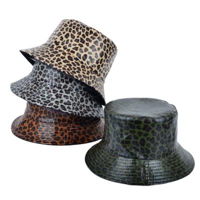 China Custom Printed Leopard Fashion Hats PU Checked Leather Bucket Fishing Hat For Summer for sale