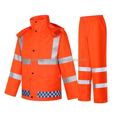 China High Visibility Windproof Safety Slit Raincoat Fluorescent Orange Striped Pants Suits Windproof Waterproof Raincoat For Adult for sale