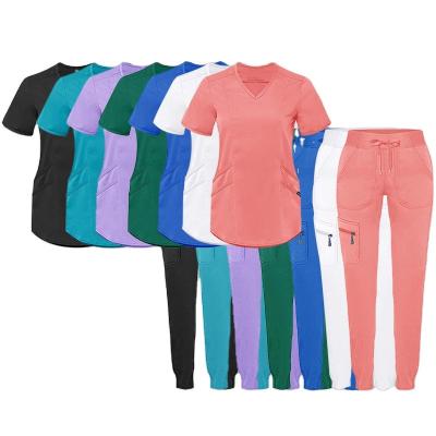 China Eco-Friendly Customized Women Hospital Nursing Scrubs Top and Pants Design Uniforms Short Sleeve Medical Joggers Scrubs Sets for sale