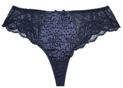 China Fancy Jacquard Satin Low Waist Sexy Women Thongs Girls Lace Panties in Dark Blue for sale