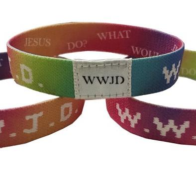 China Wear Rainbow Tie Dye Colored Elastic WWJD Wristbands Sublimation Side Print With Print Label for sale