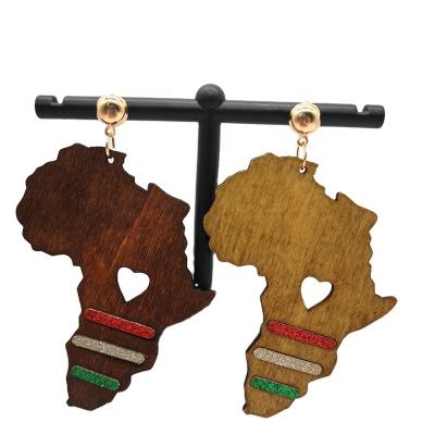 China Ethnic Handmade Brown Color Africa Map Wooden Earrings for sale