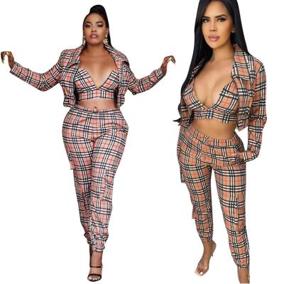 China Anti-pilling Plaid Sexy 3 Piece Coat Panties Designs Women Clothing Sets Fashion Wholesales for sale