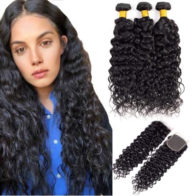 China Wholesale 10A Water Wave Straight/Wave Hair Bundles Natural Cambodian Hair Color Water Wave 3 Bundles With Transparent Lace Closure for sale