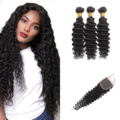 China Straight/Wave Bundles & Headbands Wholesale 10A Grade Deep Wave Bundles With Lace Frontal Swiss Closure Indian Virgin Hair Vendors Extension for sale