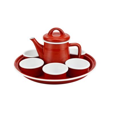 China Sustainable Enamel Cookware Tea Kettle Set With Enamel Mug Test for sale