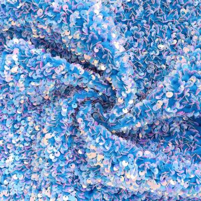 China [Sequin Fabric] Viable Light Blue Luxury 4 Way Stretch Embroidery Velvet Sequin Fabric for sale