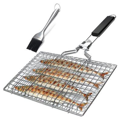 China Dustproof Iron Wire Barbecue Grilling Clip Net Wood Rack Fish Meat Basket BBQ Handle Hot Selling Dropshipping Support for sale