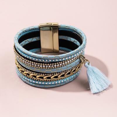 China Fashionable Vintage Environmentally Friendly Tassel Fringe Blue Wathet Zircon Fashion Jewelry Leather Bracelets For Men And Women for sale