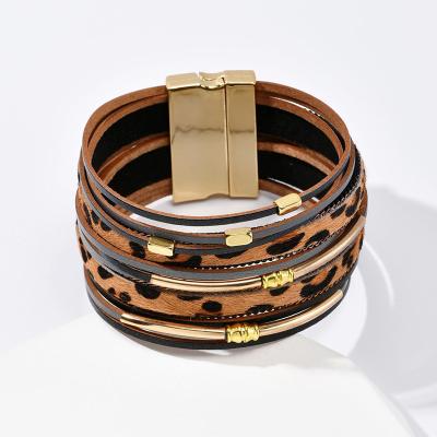 China Fashionable Magnetic Buckle Leopard Designer Charm Bangles Leather Environmental Friendly Bracelets For Men Jewelry For Women for sale