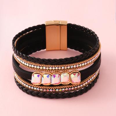 China Fashion Environmental Friendly Jewelry Colorful Zircon Chains Leather Bracelets Custom Macrame Bracelet For Women for sale