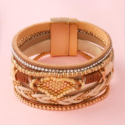 China Environmentally Friendly Popular Bohemian Khaki Magnetic Leather Wrap Bracelets Buckle Women Fine Jewelry Bracelets Bangles for sale