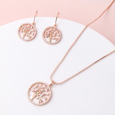 China Wholesale Environmentally Friendly Copper CZ 18k Rose Gold Plated Xinting Tree of Life Earrings and Necklace Set for Girls Gift for sale