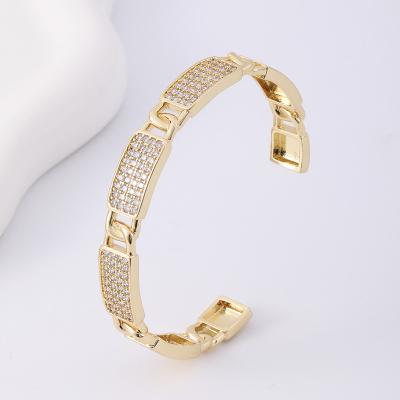 China Classic Big Square Zircon Chain Waterproof Cross Chain Zircon Bracelet Full Set Open Ring And Bangle Copper Woman For Gift for sale