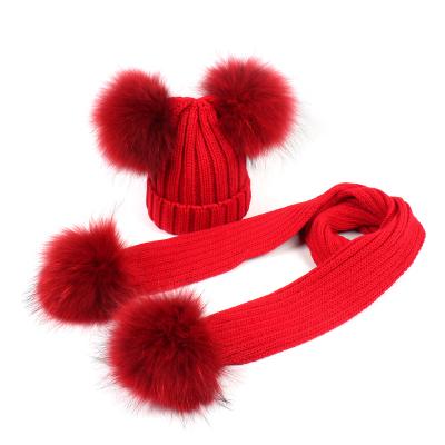 China JOINT Luxury Raccoon Ball Of Fur Hat And Scarf Set Detachable By Metal Snap Button Red Or Black Or Gray For Choice for sale