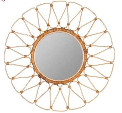 China SWT Minimalist Home Decor Rattan Flower Shaped Wall Mirror Living Room Hand - Woven Wall Decor Mirror for sale