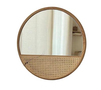 China Minimalist SWT Central Institute of Statistics Amazon Warm Wood Large Round Rattan Wall Mounted Mirror for Home Decoration for sale