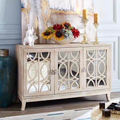 China Customized SWT Vintage Three Doors Mirrored Wooden TV Sideboard Accent Cabinet For Living Room Furniture for sale